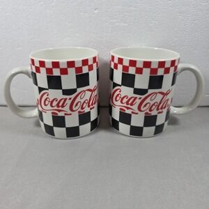 2 Vintage Coca-Cola Coke Coffee Mug Cups Gibson 1996 Checkered Red White Black